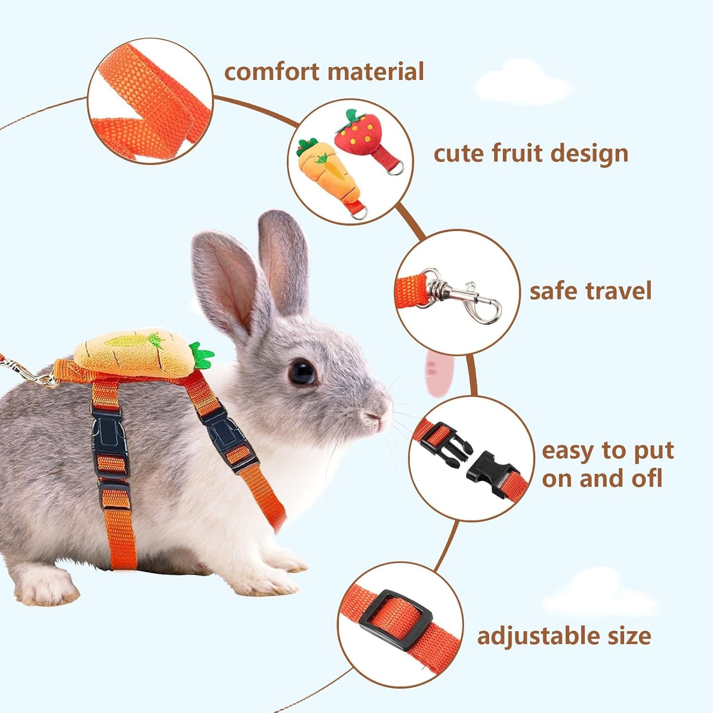 2pcs Rabbit Harness and Leash Set Cute Carrot and Strawberry Trim, Adjustable,for Rabbits, Cats Small Pets V1259-DP01-A-3320
