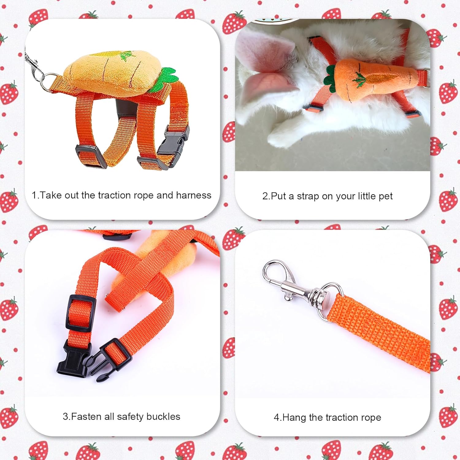 2pcs Rabbit Harness and Leash Set Cute Carrot and Strawberry Trim, Adjustable,for Rabbits, Cats Small Pets V1259-DP01-A-3320