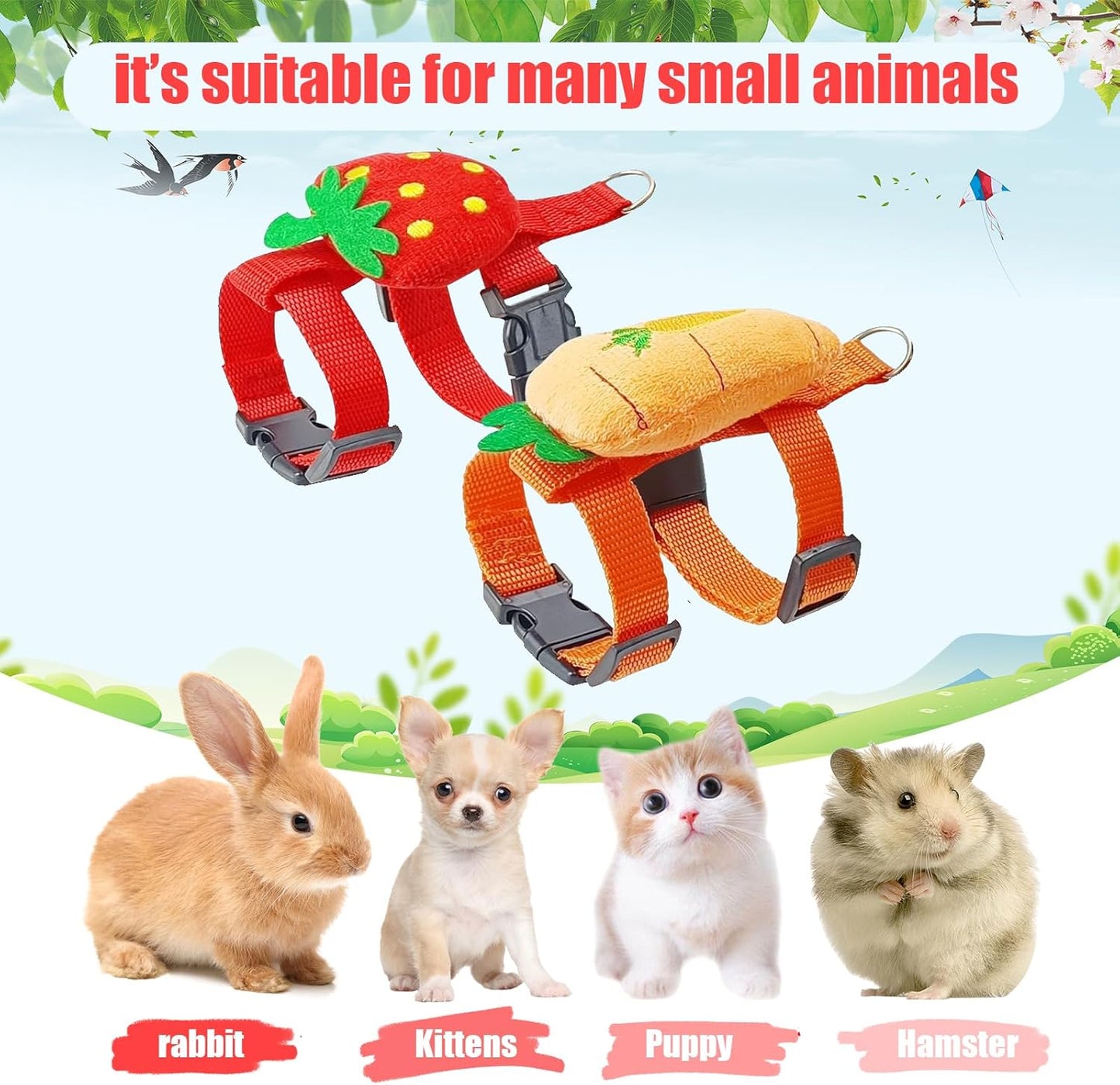 2pcs Rabbit Harness and Leash Set Cute Carrot and Strawberry Trim, Adjustable,for Rabbits, Cats Small Pets V1259-DP01-A-3320
