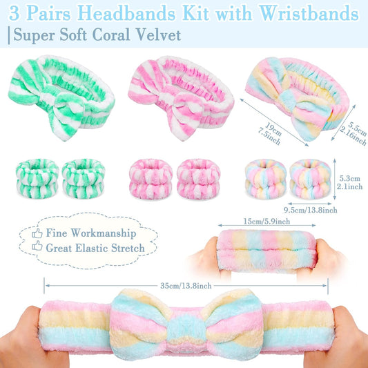 9PCS Spa Headband Kit for Women & Girls: Bowknot Makeup Headbands with Wristbands for Face Skincare, Bathing, V1259-DP01-A-3323