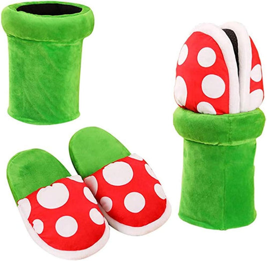 Piranha Plants Plush Slippers Suit Winter Home Wear Cannibal Flower Slippers with Green Warp Pipe Plush for V1259-DP01-A-3328