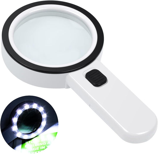 30X Magnifying Glass with Light, 12 LED Illuminated Handheld Magnifier with 8cm Double Glass Lens for Seniors V1259-DP01-A-3340