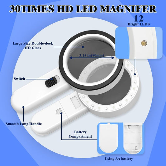 30X Magnifying Glass with Light, 12 LED Illuminated Handheld Magnifier with 8cm Double Glass Lens for Seniors V1259-DP01-A-3340