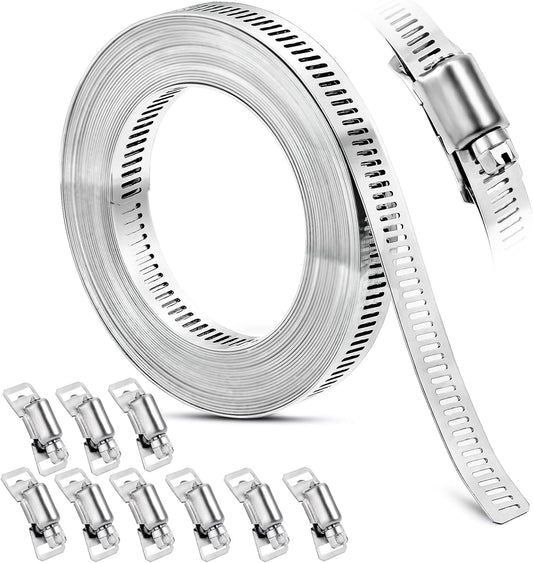 Hose Clamp, DIY 20 FT Metal Strapping with Holes + 9 Fasteners, Hose Clamps Stainless Steel, Large Adjustable V1259-DP01-A-3354