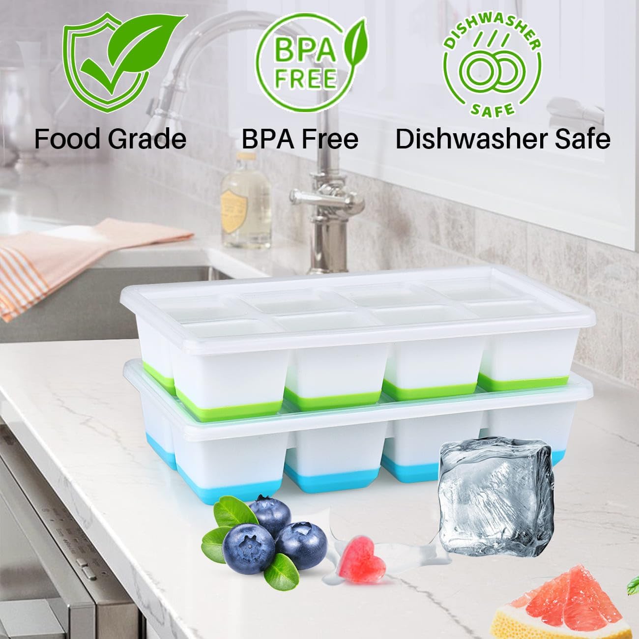 Large Ice Cube Mold with Lid, 2 Pack Silicone Big Square Ice Cube Trays with Lids BPA Free, Easy-Release & V1259-DP01-A-3376