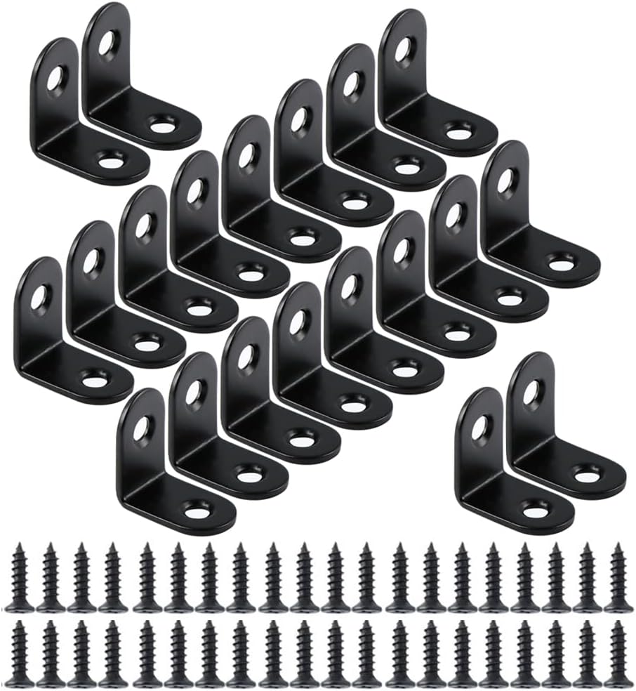 20PCS Small L Brackets, Black Iron Corner Mount Brackets with 40 Screws, Rust Resistant, Easy to Install, V1259-DP01-A-3398