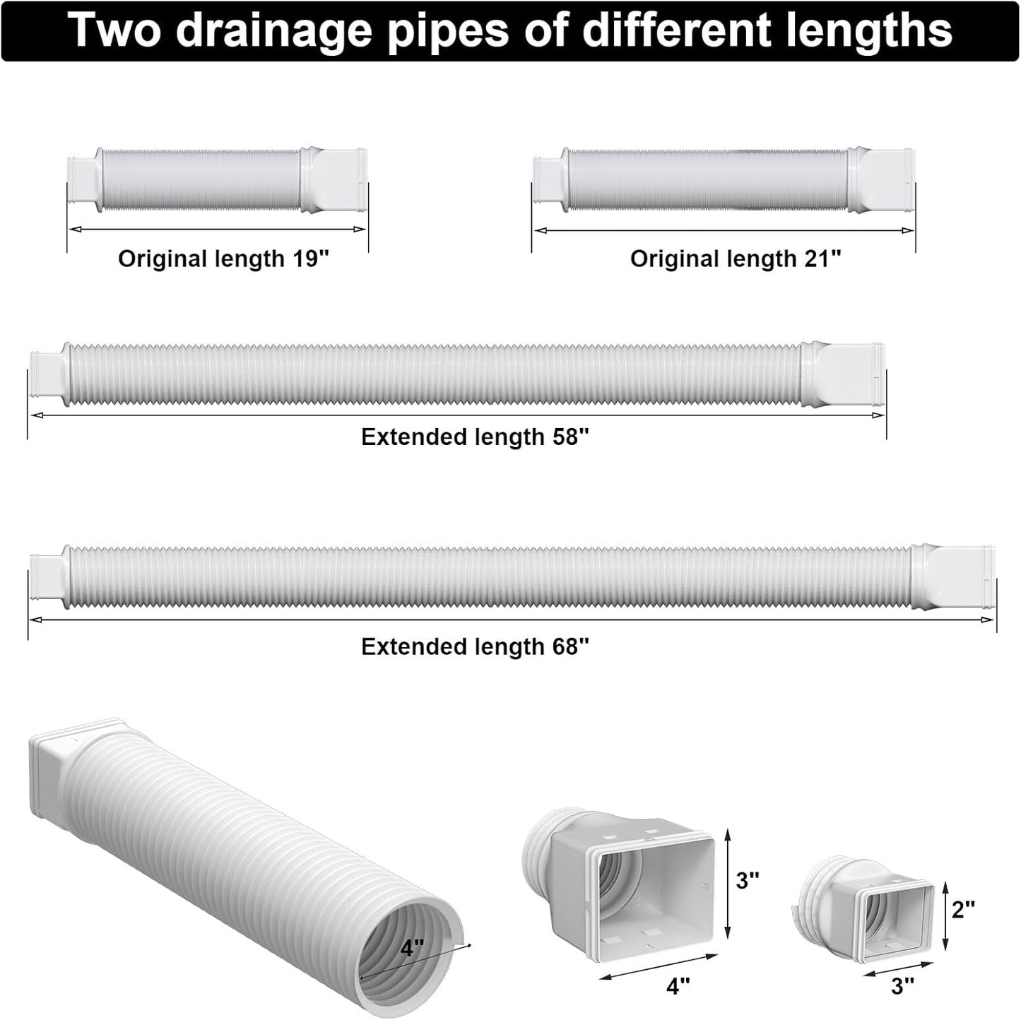 2 Pack Rain Gutter Downspout Extensions, Flexible Downspout Extender with 58"+68" Extendable Pipes for Rain V1259-DP01-A-3409