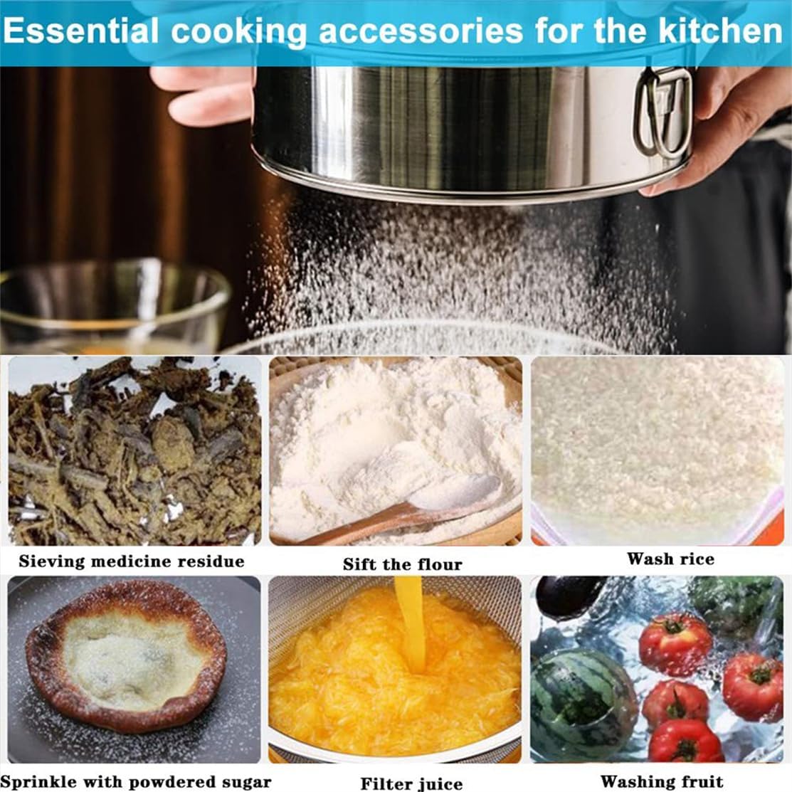 Flour Sieve Fine Mesh Stainless Steel Round Sifter 6 Inch 60 Mesh Sieves Strainer for Baking Straining V1259-DP01-A-3426