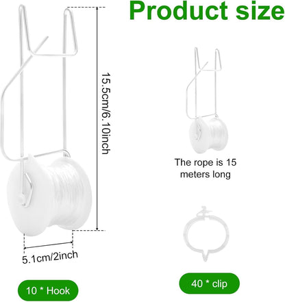 10 PCS Tomato Roller Hooks with String & 40 Clips, 49.2FT Twine Tomato Trellis Kit - Climbing Support for V1259-DP01-A-3441