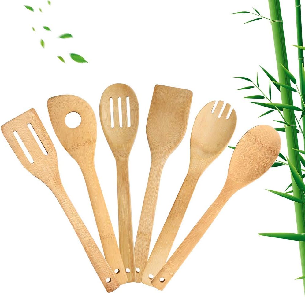 6 Piece Wooden Cooking Utensils, Natural Bamboo Nonstick Kitchen Spoons Spatula Sets for Cooking V1259-DP01-A-3471