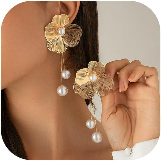 Gold Flower Earrings for Women Big Statement Flower Earrings 3D Floral Earrings Prom Wedding Jewelry V1259-DP01-A-3476