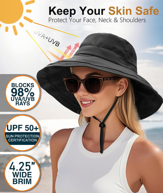 Sun Hats for Women, Wide Brim Waterproof Bucket Hat, Summer Beach Packable Ponytail Hat,UPF 50+ UV Protection V1259-DP01-A-3481