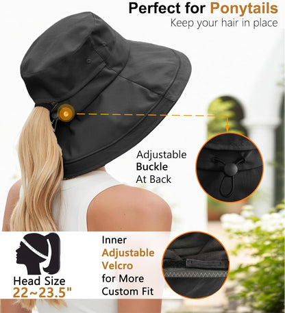 Sun Hats for Women, Wide Brim Waterproof Bucket Hat, Summer Beach Packable Ponytail Hat,UPF 50+ UV Protection V1259-DP01-A-3481