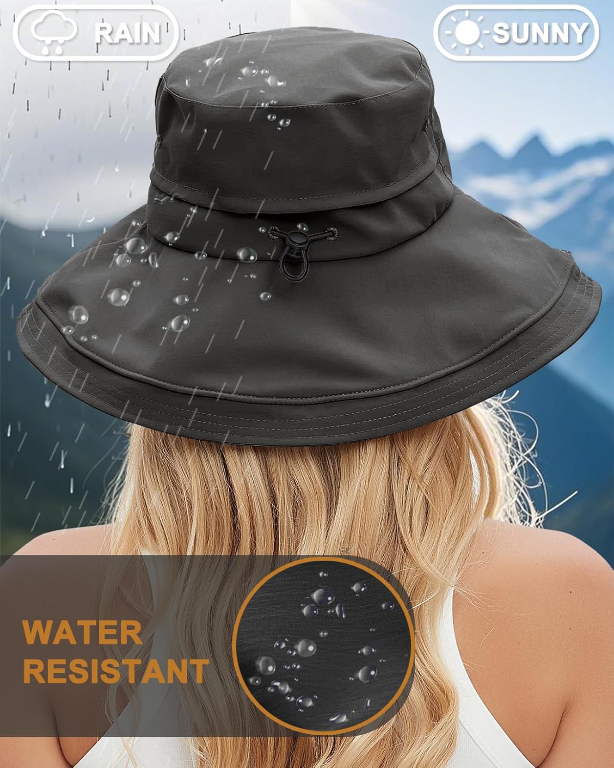 Sun Hats for Women, Wide Brim Waterproof Bucket Hat, Summer Beach Packable Ponytail Hat,UPF 50+ UV Protection V1259-DP01-A-3481
