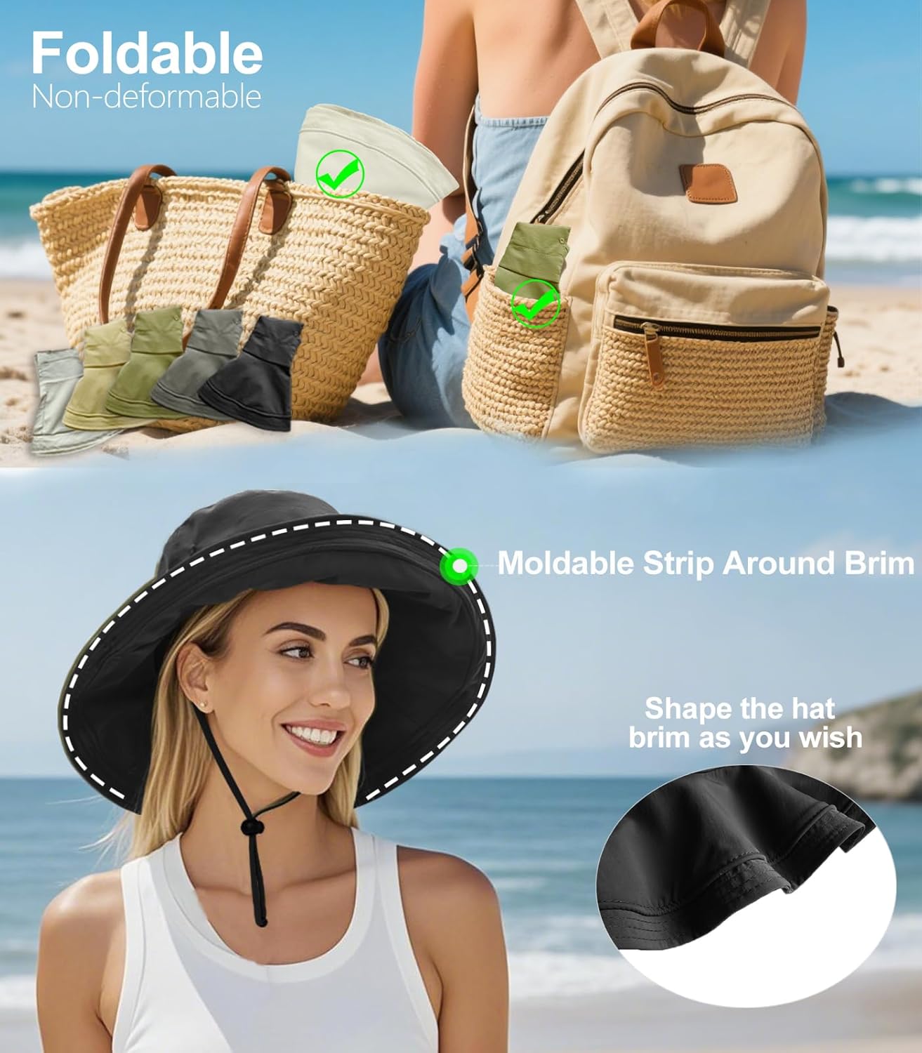 Sun Hats for Women, Wide Brim Waterproof Bucket Hat, Summer Beach Packable Ponytail Hat,UPF 50+ UV Protection V1259-DP01-A-3481