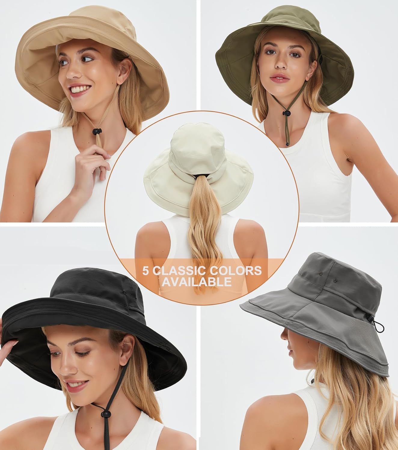 Sun Hats for Women, Wide Brim Waterproof Bucket Hat, Summer Beach Packable Ponytail Hat,UPF 50+ UV Protection V1259-DP01-A-3481
