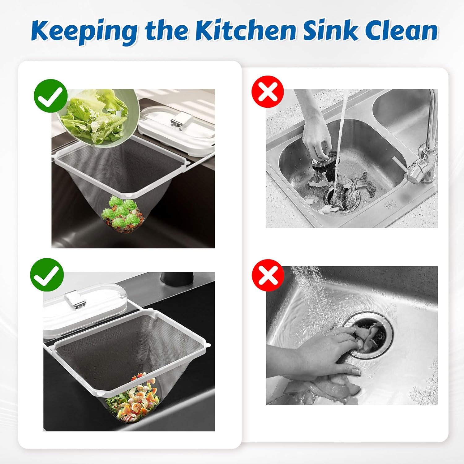 Kitchen Sink Strainer with Net 100Pcs, Large Opening Sink Strainer Rack, Foldable Rag Rack, Strong V1259-DP01-A-3482