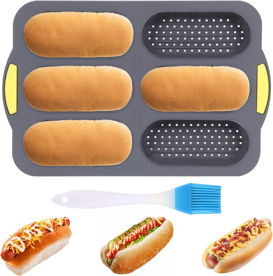 Hot Dog Bun Pan, Baguette Sandwich Baking Tray, with Oil Brush, Non-Stick Mold for French Bread, Sandwiches, V1259-DP01-A-3499