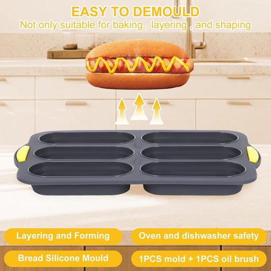 Silicone Baguette Pan, Hot Dog Bun Pan with Oil Brush, 6 Gutter Nonstick French Bread Bake Mold, French Bread V1259-DP01-A-3500