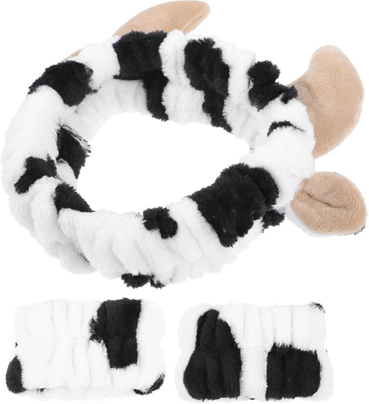 Flannel Cow Horn Headband with Wristbands Soft Adjustable Hair Band for Women Perfect for Skincare Bathing V1259-DP01-A-3504