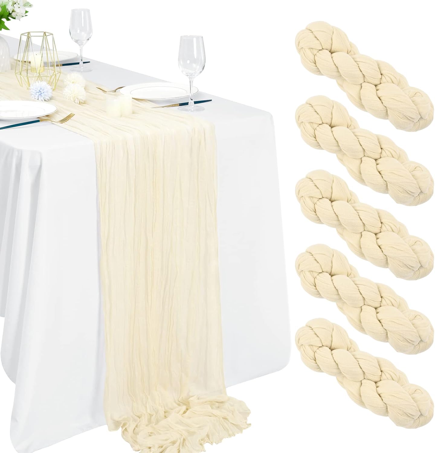 5 Packs 10Ft Ivory Cheesecloth Table Runner, 35" x 120" Rustic Gauze Boho Wedding Table Runner Decorations V1259-DP01-A-3519