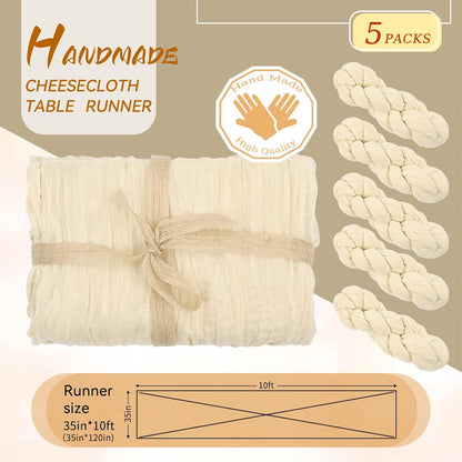 5 Packs 10Ft Ivory Cheesecloth Table Runner, 35" x 120" Rustic Gauze Boho Wedding Table Runner Decorations V1259-DP01-A-3519