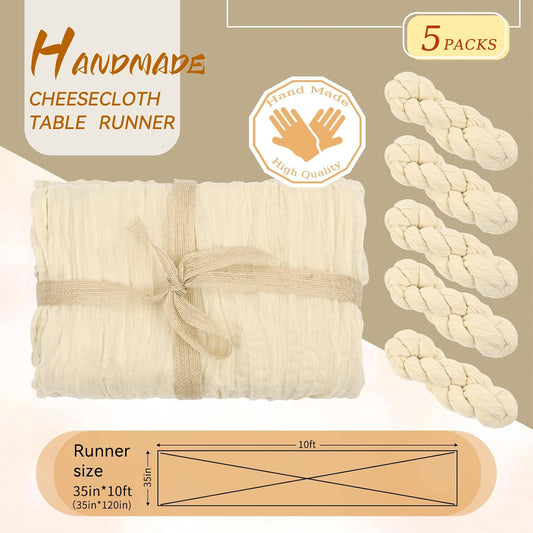5 Packs 10Ft Ivory Cheesecloth Table Runner, 35" x 120" Rustic Gauze Boho Wedding Table Runner Decorations V1259-DP01-A-3519