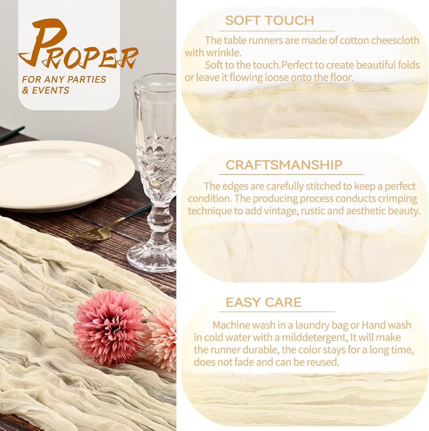 5 Packs 10Ft Ivory Cheesecloth Table Runner, 35" x 120" Rustic Gauze Boho Wedding Table Runner Decorations V1259-DP01-A-3519