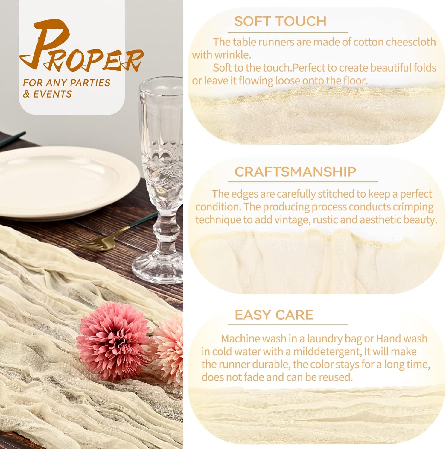 5 Packs 10Ft Ivory Cheesecloth Table Runner, 35" x 120" Rustic Gauze Boho Wedding Table Runner Decorations V1259-DP01-A-3519