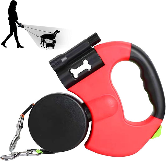 Double Head 10 ft Retractable Dog Leash with Integrated Waste Bag Dispenser Flashlight 360 degreesTangle Free V1259-DP01-A-3534