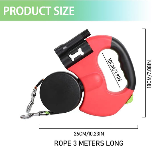 Double Head 10 ft Retractable Dog Leash with Integrated Waste Bag Dispenser Flashlight 360 degreesTangle Free V1259-DP01-A-3534