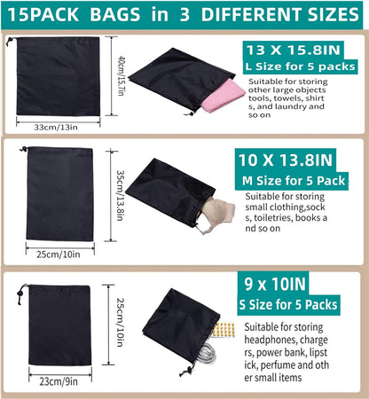 Drawstring Bag String Bag - 15Packs 3Sizes Nylon Cinch Ditty Stuff Pouch with Toggle for Gym, Luggage, V1259-DP01-A-3598