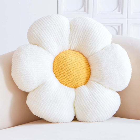 White Flower Decorative Throw Pillow for Bed Couch, Cute Daisy Shaped Plush Aesthetic Pillow, Soft 19.6" V1259-DP01-A-3619