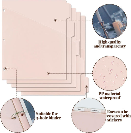 A4 Binder Pockets Dividers with Pockets Plastic 6-Ring Binder Divider Bags, Sturdy 3 Holes 5-Tab Dividers V1259-DP01-A-3637