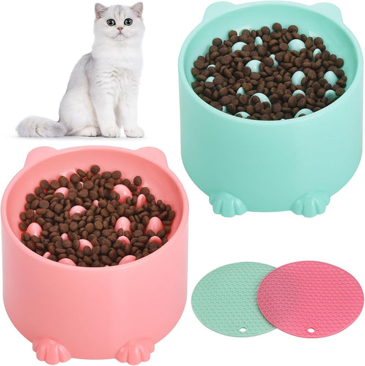2-Pack Slow Feeder Cat Bowls, Raised Elevated Design with Anti-Slip Base & Ergonomic Neck Relief - Durable V1259-DP01-A-3644