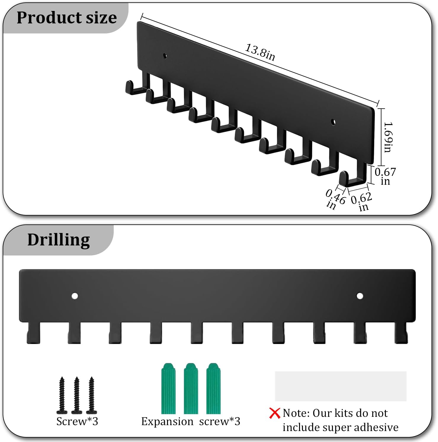 Wall Mount Key Holder with 10 Hooks - Key Rack for Entryway, Hallway, Office, Kitchen - Screw Mounted, V1259-DP01-A-3651