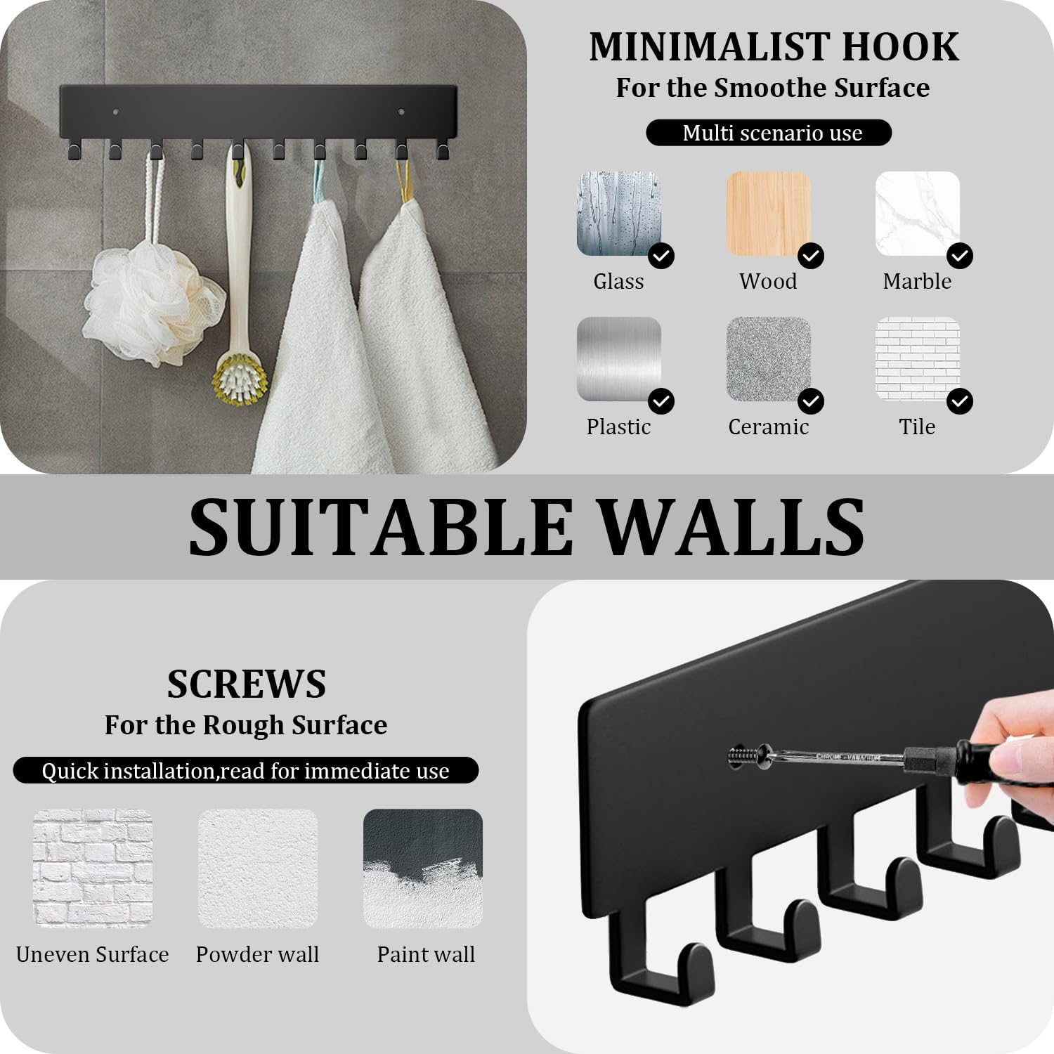 Wall Mount Key Holder with 10 Hooks - Key Rack for Entryway, Hallway, Office, Kitchen - Screw Mounted, V1259-DP01-A-3651