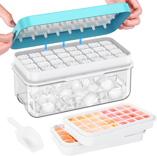 Ice Cube Tray with Lid and Bin, 64 pcs Ice Cubes Molds, Ice Trays for Freezer, Ice Cube Tray Mold, with 2 V1259-DP01-A-3657