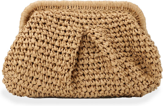 Straw Clutch Purse for Women Cloud Dumpling Pouch Straw Crossbody Shoulder Handbag Summer Beach Woven Bag V1259-DP01-A-3670