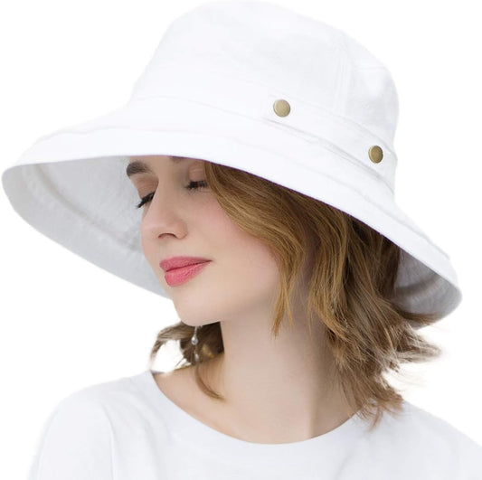 Womens Cotton Wide Brim Sun Hats UPF50 UV Packable Beach Hat Summer Bucket Cap for Travel V1259-DP01-A-3712