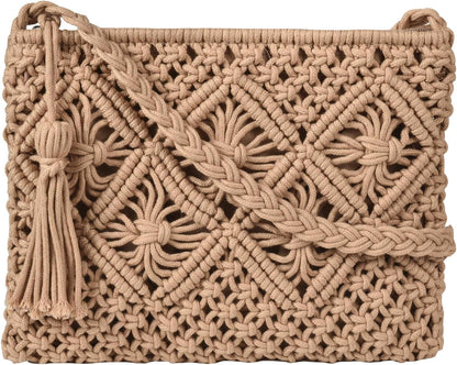 Boho Crossbody Handbag Summer Beach Shoulder Handbag Boho Envelope Clutch Crochet Handmade Purse Tassel V1259-DP01-A-3713