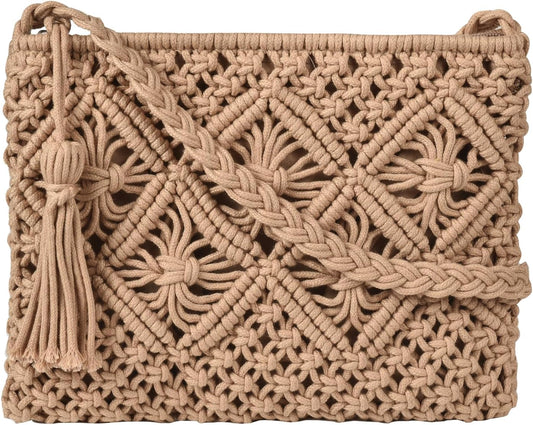 Boho Crossbody Handbag Summer Beach Shoulder Handbag Boho Envelope Clutch Crochet Handmade Purse Tassel V1259-DP01-A-3713