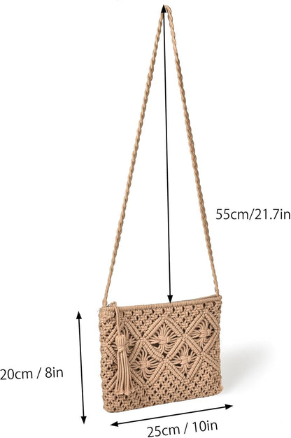 Boho Crossbody Handbag Summer Beach Shoulder Handbag Boho Envelope Clutch Crochet Handmade Purse Tassel V1259-DP01-A-3713