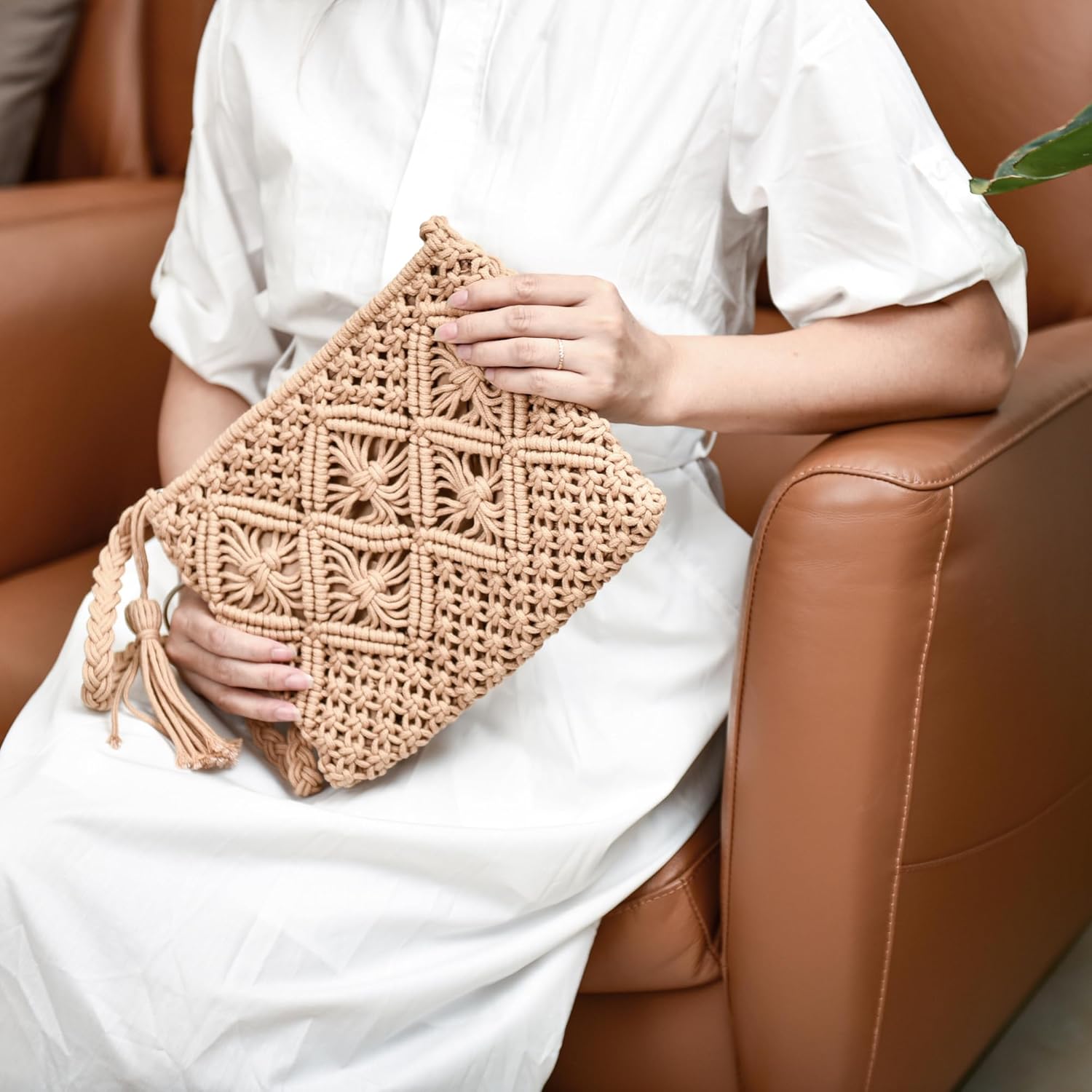 Boho Crossbody Handbag Summer Beach Shoulder Handbag Boho Envelope Clutch Crochet Handmade Purse Tassel V1259-DP01-A-3713