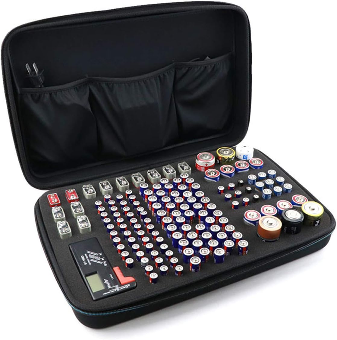 Black EVA Battery Organizer Case with Zipper, Holds 146 Batteries (6D 8C 13 9V 61AA 58AAA), Compact V1259-DP01-A-3754
