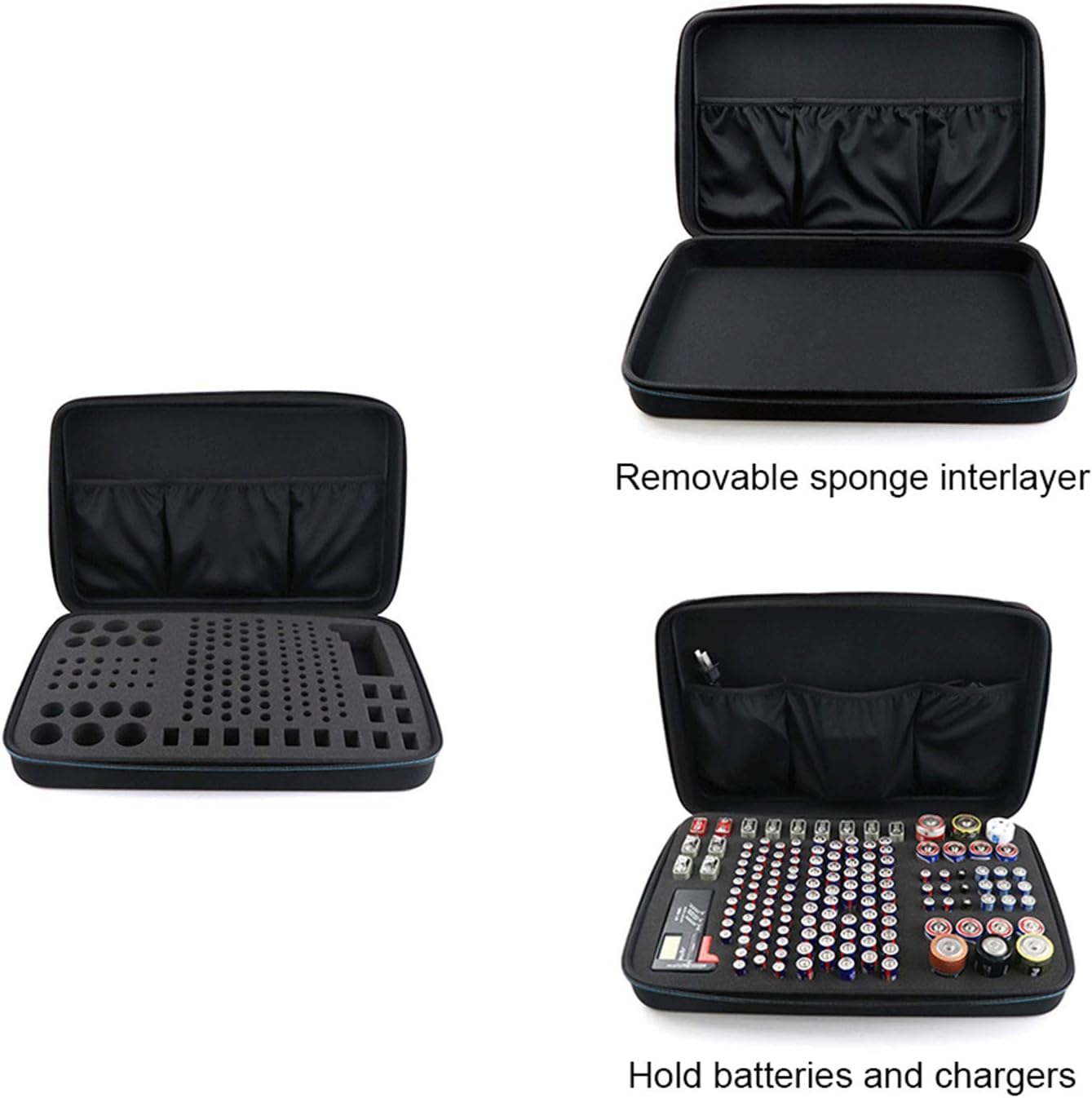 Black EVA Battery Organizer Case with Zipper, Holds 146 Batteries (6D 8C 13 9V 61AA 58AAA), Compact V1259-DP01-A-3754