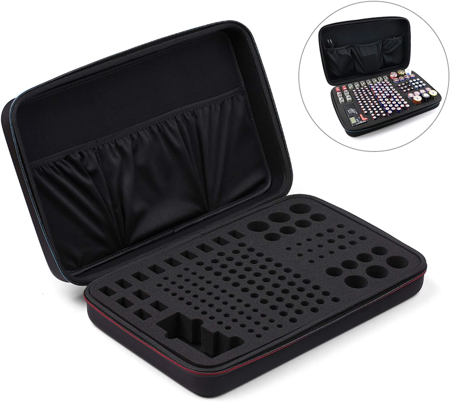 Black EVA Battery Organizer Case with Zipper, Holds 146 Batteries (6D 8C 13 9V 61AA 58AAA), Compact V1259-DP01-A-3754