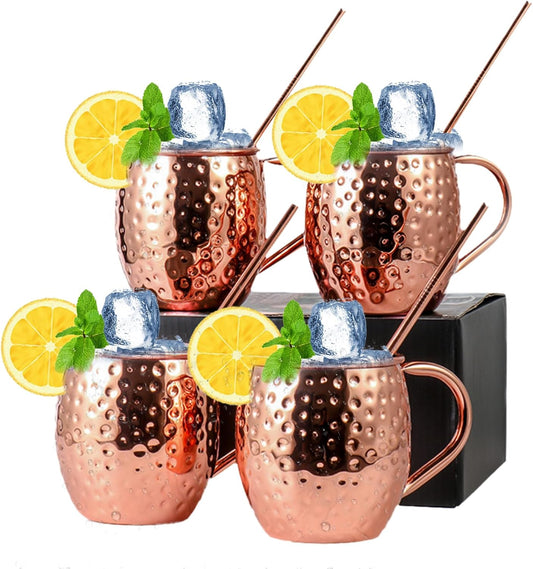 Moscow Mule Copper Mugs of 4 18-oz Pure Copper Plating Stainless Steel Drinking Cup with 4 Cocktail Copper V1259-DP01-A-3775