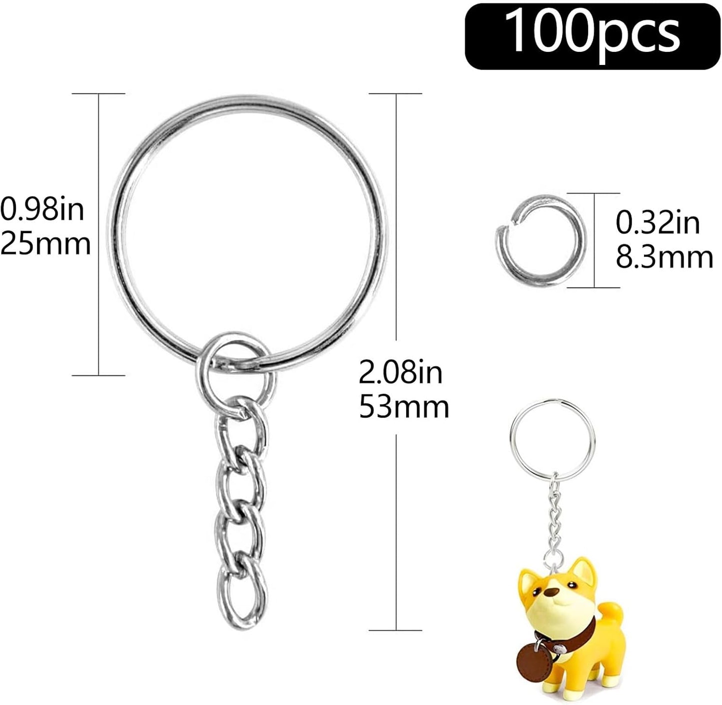 100 Pack Metal Keychains,1 Inch Split Key Chain Rings with Chain and Open Jump Rings for Keychain Making and V1259-DP01-A-3787