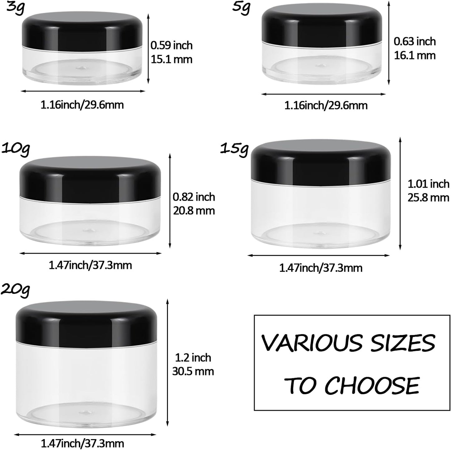 10 Pieces Small Travel Containers, 3/5/10/15/20 Gram Size for Creams, Sample With Screw Lids, 12Pcs V1259-DP01-A-3804